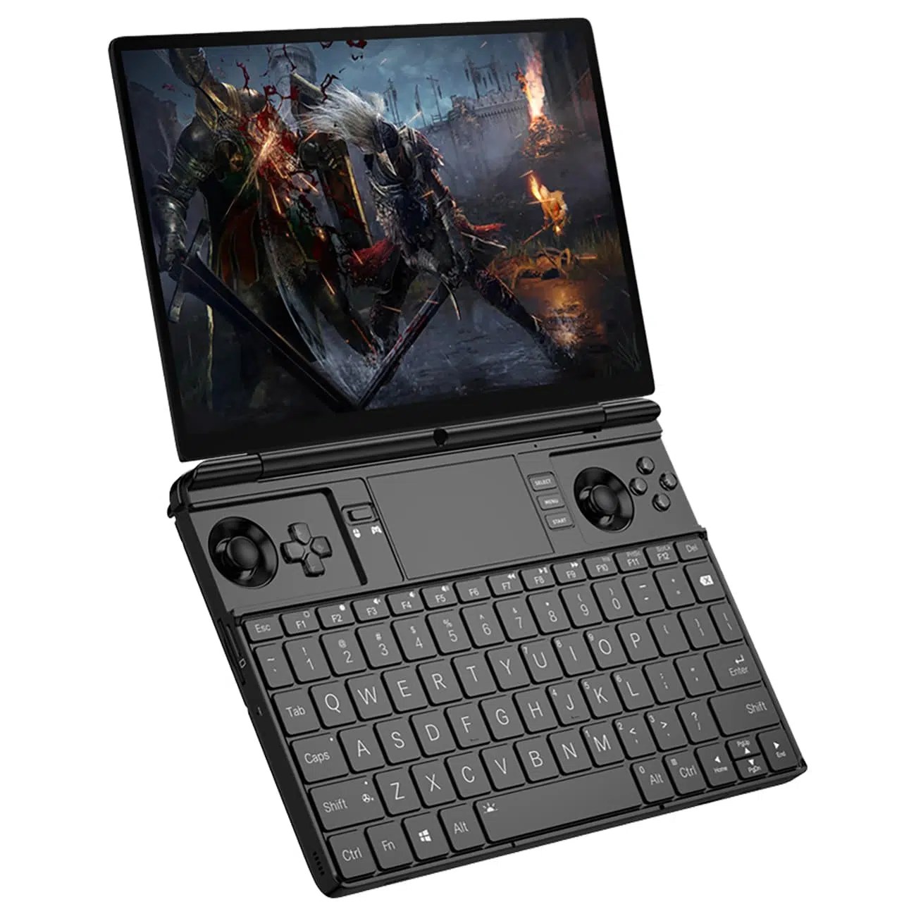 GPD WIN MAX 2 2 A black GPD WIN MAX 2 handheld gaming PC is shown open at an angle, displaying a vibrant fantasy action game on its screen with two armored characters. The device features a full QWERTY keyboard, an integrated touchpad, and game controllers with analog sticks, a D-pad, and action buttons.