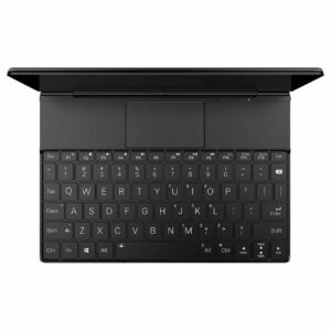 A top-down view of the black GPD WIN MAX 2 handheld gaming PC with its screen flipped back, revealing the full QWERTY keyboard and central touchpad. The game controller elements are hidden beneath covers on either side of the touchpad.