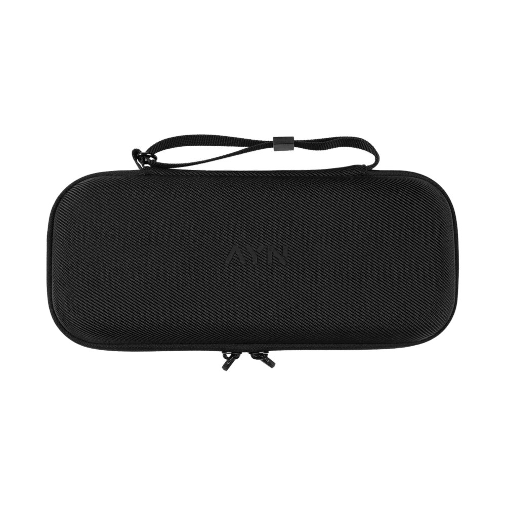 Exterior view of the AYN Odin 2 and Portal carrying case, featuring a durable black shell with a textured surface, dual zipper closure, and a wrist strap for easy carrying.