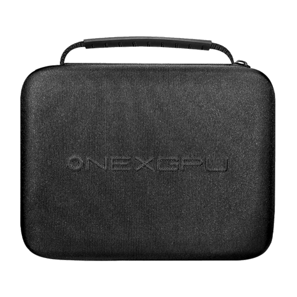 ONEXGPU 2 Carrying Case – A durable, black protective case with a textured exterior, sturdy handle, and embossed ONEXGPU branding, designed for safely storing and transporting the ONEXGPU 2 eGPU