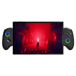 ONEXPLAYER X1 PRO gaming handheld with detachable controllers, displaying a game with a red-lit scene. Below the device, additional accessories are shown, including a protective case, keyboard and extra gaming buttons, indicating included freebies