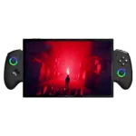 ONEXPLAYER X1 PRO gaming handheld with detachable controllers, displaying a game with a red-lit scene. Below the device, additional accessories are shown, including a protective case, keyboard and extra gaming buttons, indicating included freebies
