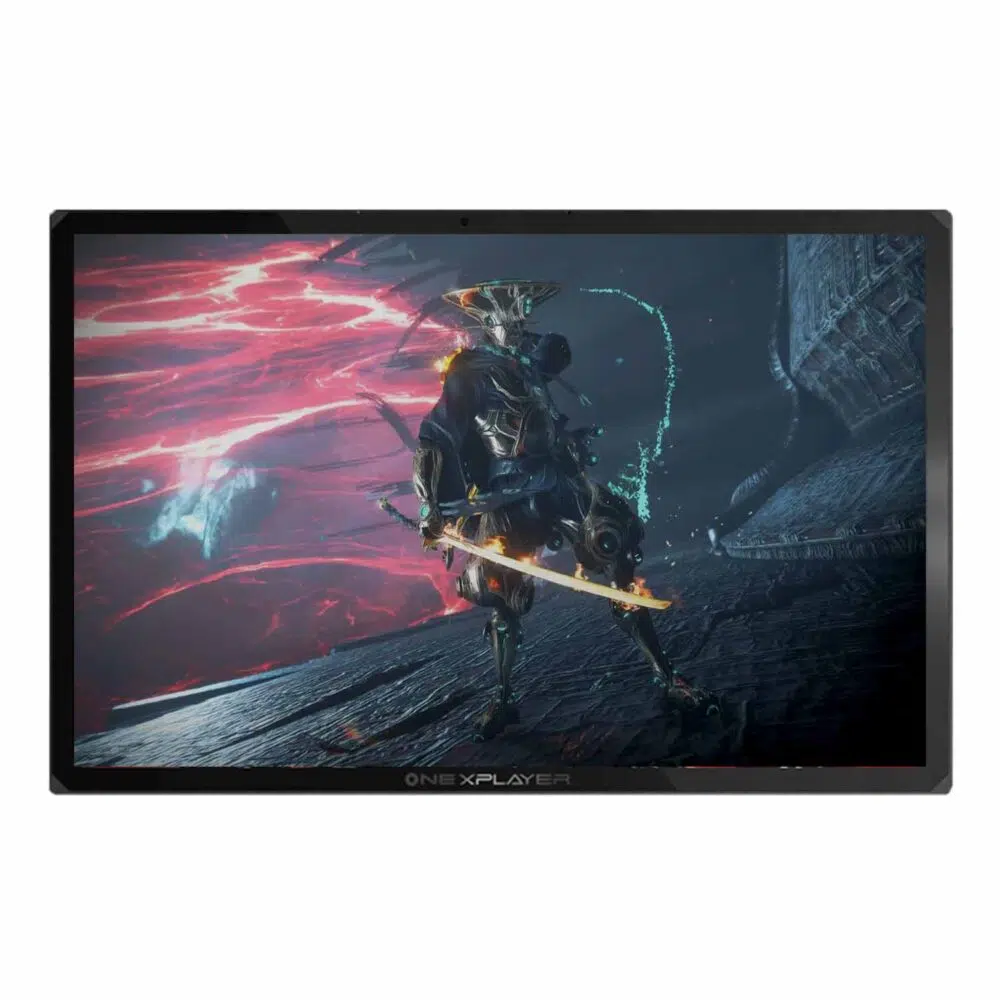 ONEXPLAYER X1 PRO planšetdatora režīmā, parādot spēli ar futūristisku bruņotu kareivi uz zinātniskās fantastikas fona.
