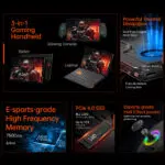 ONEXPLAYER X1 PRO promotional graphic highlighting its 3-in-1 functionality as a gaming console, tablet, and laptop, along with high-performance cooling, PCIe 4.0 SSD support, and esports-grade joysticks.