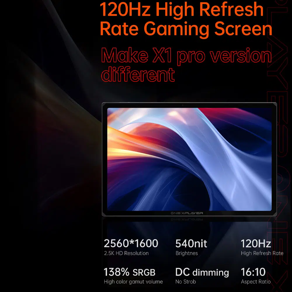 ONEXPLAYER X1 PRO displeja specifikācijas - 120 Hz atsvaidzināšanas frekvence, 2560x1600 izšķirtspēja, 540 nitu spilgtums un augsta SRGB krāsu gamma.
