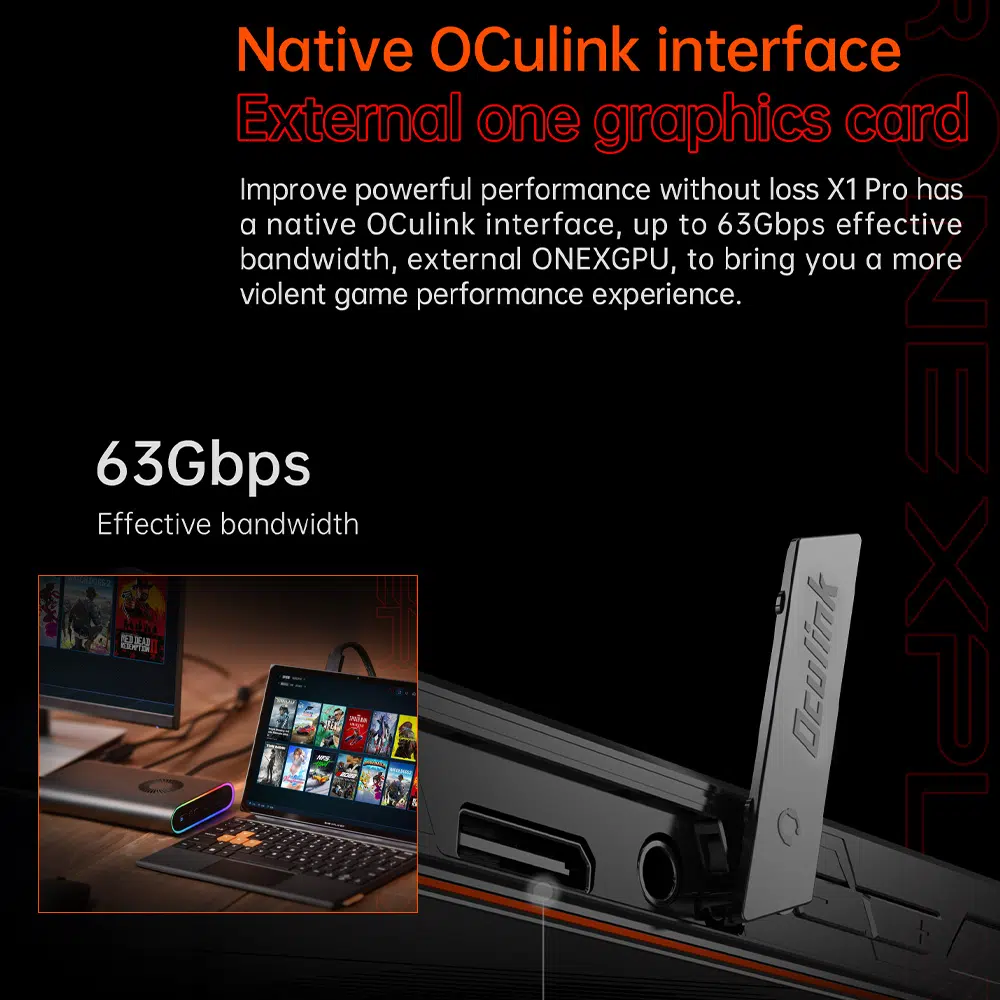 ONEXPLAYER X1 PRO ar OCulink saskarni ārējo GPU atbalstam, kas nodrošina līdz pat 63 Gbps joslas platumu uzlabotai spēļu veiktspējai.