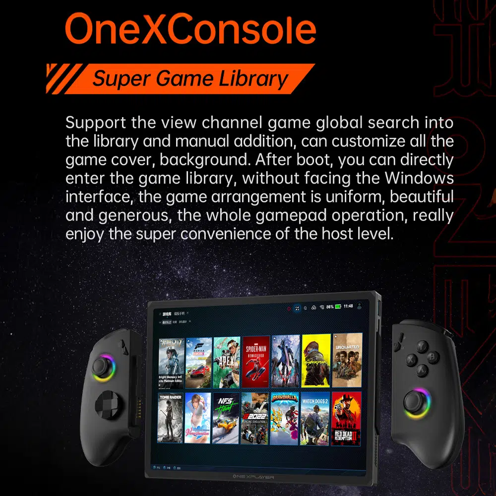 ONEXPLAYER X1 PRO ar OneXConsole programmatūru, kas nodrošina racionalizētu spēļu bibliotēkas saskarni, kas optimizēta navigācijai ar kontrolieri.
