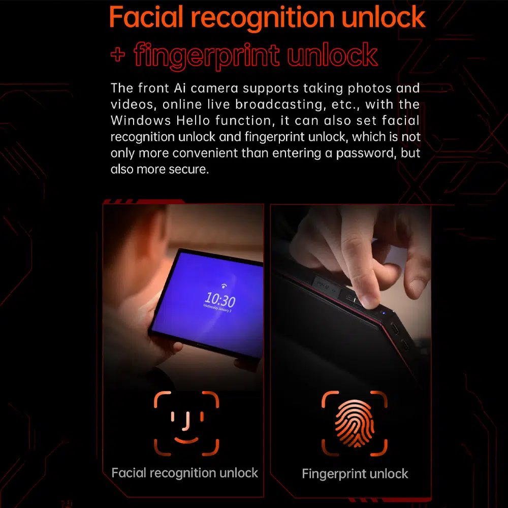 ONEXPLAYER X1 PRO biometriskās drošības funkcijas, tostarp sejas atpazīšana un pirkstu nospiedumu atbloķēšana, izmantojot Windows Hello.