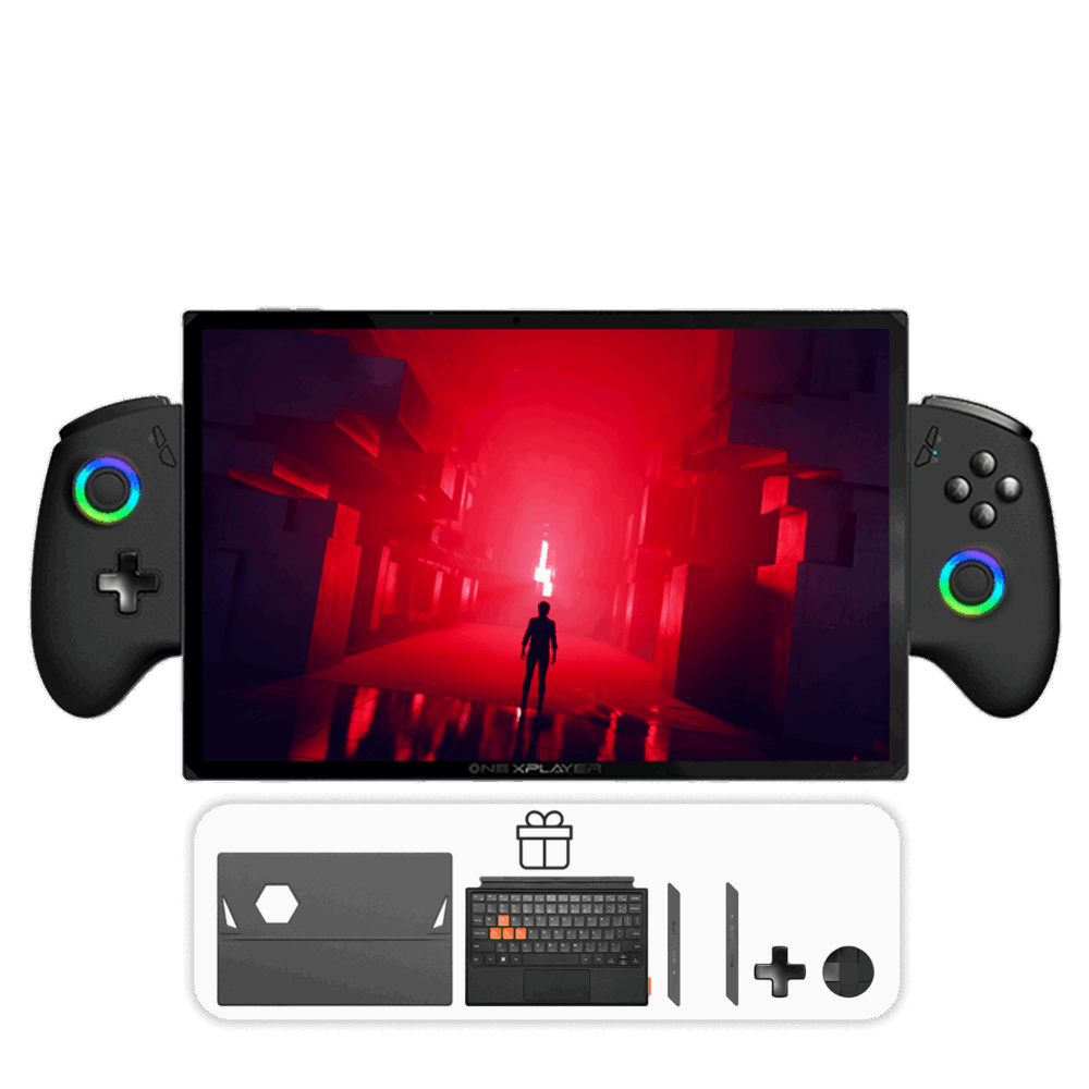 ONEXPLAYER X1 PRO gaming handheld with detachable controllers, displaying a game with a red-lit scene. Below the device, additional accessories are shown, including a protective case, keyboard and extra gaming buttons, indicating included freebies