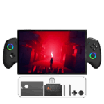 ONEXPLAYER X1 PRO gaming handheld with detachable controllers, displaying a game with a red-lit scene. Below the device, additional accessories are shown, including a protective case, keyboard and extra gaming buttons, indicating included freebies