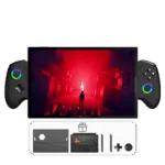 ONEXPLAYER X1 PRO gaming handheld with detachable controllers, displaying a game with a red-lit scene. Below the device, additional accessories are shown, including a protective case, keyboard and extra gaming buttons, indicating included freebies