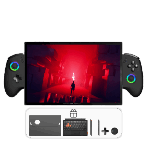 ONEXPLAYER X1 PRO gaming handheld with detachable controllers, displaying a game with a red-lit scene. Below the device, additional accessories are shown, including a protective case, keyboard and extra gaming buttons, indicating included freebies