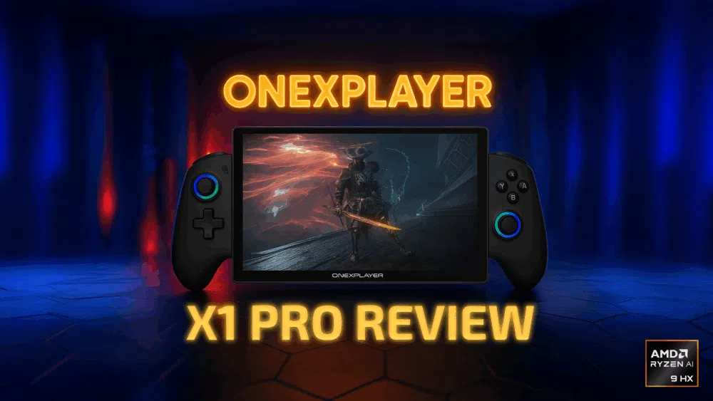 ONEXPLAYER X1 Pro pārskata reklāmas attēls, kurā redzama rokas spēļu ierīce ar noņemamiem kontrolieriem, uz ekrāna rādot fantāzijas karavīra spēli. Fonā attēlota sarkanā un zilā neona gaismā izgaismota vide ar mirdzošu tekstu "ONEXPLAYER X1 PRO REVIEW" un AMD Ryzen AI 9 HX logotipu stūrī.