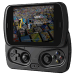 A black RG SLIDE handheld gaming device is shown with its screen slid up to reveal the game controls. The screen displays a game selection menu featuring "MAME (1997)" and images of arcade cabinets against a background of classic game cartridges. The device has a D-pad and analog stick on the left, and ABXY buttons and another analog stick on the right.