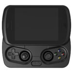 A black RG SLIDE handheld gaming device is shown head-on with its screen slid upwards, fully revealing the game controls. The device features a D-pad, dual analog sticks, and colored ABXY buttons on the controller section. The screen is blank.