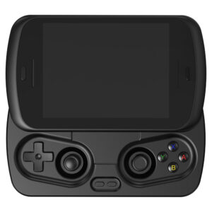 A black RG SLIDE handheld gaming device is shown head-on with its screen slid upwards, fully revealing the game controls. The device features a D-pad, dual analog sticks, and colored ABXY buttons on the controller section. The screen is blank.