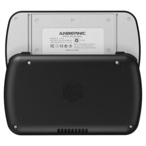 A top-down view of the back of the black RG SLIDE handheld gaming device, with its screen slid upwards. The visible underside reveals a silver-colored metal plate with "ANBERNIC MODEL NO.: RG Slide" printed, along with battery specifications and manufacturing details.