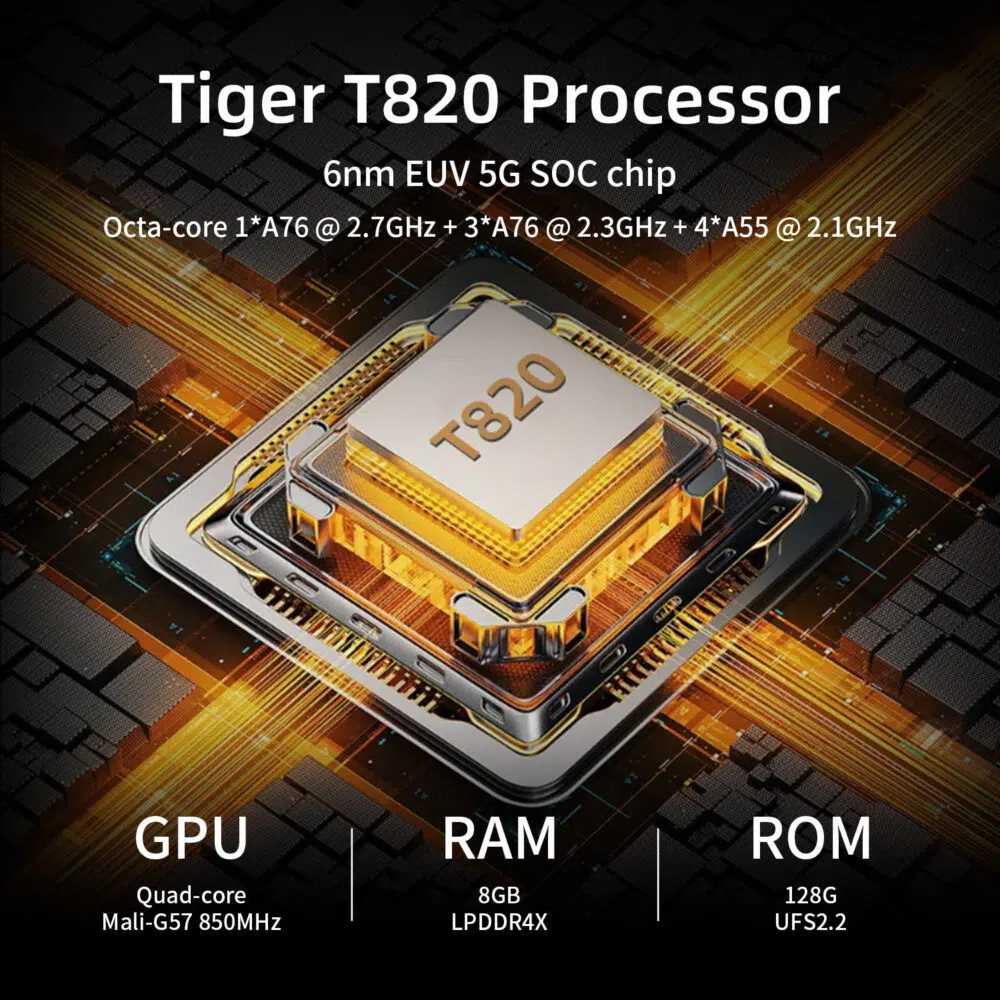 Una grafica che evidenzia il "Processore Tiger T820". L'immagine centrale mostra un chip di processore color oro con la scritta "T820", circondato da linee di circuito luminose, su uno sfondo scuro. Il testo spiega che si tratta di un "chip EUV 5G SOC a 6 nm" con una configurazione "Octa-core". Sotto, sono elencate le specifiche principali: "GPU Quad-core Mali-G57 850MHz", "RAM 8GB LPDDR4X" e "ROM 128G UFS2.2".