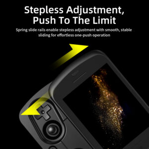 A close-up of the black RG SLIDE handheld device, focusing on the screen's sliding mechanism. Yellow arrows point to the area where the screen slides. Large text at the top reads "Stepless Adjustment, Push To The Limit," with a description below: "Spring slide rails enable stepless adjustment with smooth, stable sliding for effortless one-push operation." The screen displays a dynamic, golden abstract image.