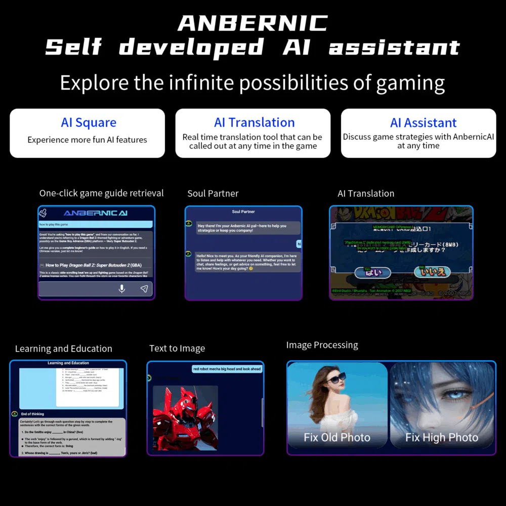 Un'infografica completa su "ANBERNIC Assistente AI sviluppato in proprio". La sezione superiore afferma "Esplora le infinite possibilità di gioco" e introduce tre funzioni AI: "AI Square" per "sperimentare funzioni AI più divertenti", "AI Translation" per "tradurre in tempo reale" e "AI Assistant" per "discutere le strategie di gioco". Di seguito sono illustrati alcuni esempi di queste funzioni: "Recupero della guida di gioco con un solo clic" (interfaccia AI Anbernic), "Soul Partner" (interfaccia di chat AI), "AI Translation" (schermata di gioco con testo tradotto), "Learning and Education" (analisi del testo), "Text to Image" (immagine robot) e "Image Processing" (correzione di foto vecchie/alte).
