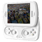 A white RG SLIDE handheld gaming device is shown with its screen slid up to reveal the game controls. The screen displays a game selection interface featuring "FBN (2000)" and a background composed of numerous classic game cartridge covers. The controller section has a white D-pad and analog sticks, with colored ABXY buttons.