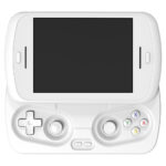 A white RG SLIDE handheld gaming device is shown head-on with its screen slid upwards, fully revealing the game controls. The device features a white D-pad, dual analog sticks, and colored ABXY buttons on the controller section. The screen is blank.