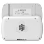A top-down view of the back of the white RG SLIDE handheld gaming device, with its screen slid upwards. The visible underside reveals a light gray metal plate with "ANBERNIC MODEL NO.: RG Slide" printed, along with battery specifications and manufacturing details.