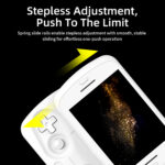 A close-up of the white RG SLIDE handheld device, focusing on the screen's sliding mechanism. Yellow arrows point to the area where the screen slides. Large text at the top reads "Stepless Adjustment, Push To The Limit," with a description below: "Spring slide rails enable stepless adjustment with smooth, stable sliding for effortless one-push operation." The screen displays a dynamic, golden abstract image.