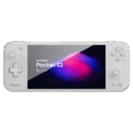 AYANEO-S2-ICE_SOUL_WHITE-LISTING-IMAGE-DONE-1-BASE A direct front view of the white AYANEO Pocket S2 handheld gaming console, isolated against a light grey background. The screen prominently displays "AYANEO Pocket S2" and "Powered by Snapdragon" over a dark background with vibrant pink and blue abstract shapes. All control buttons, including the D-pad, analog sticks, and face buttons, are clearly visible.