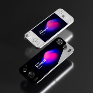 Two AYANEO Pocket S2 handheld gaming consoles, one white and one black, are shown floating or angled against a plain grey background. The white console is on top, slightly to the left, displaying "AYANEO Pocket S2" on its screen with a colorful abstract background. The black console is beneath it, angled similarly, with its screen also showing "AYANEO Pocket S2" but partially obscured.