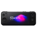 A direct front view of the black AYANEO Pocket S2 Pro handheld gaming console, isolated against a light grey background. The screen prominently displays "AYANEO Pocket S2 Pro" and "Powered by Snapdragon" against a dark background with vibrant pink and blue abstract shapes. All control buttons, including the D-pad, analog sticks, and face buttons, are clearly visible.