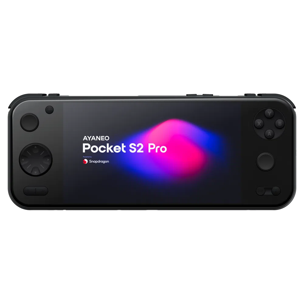 A direct front view of the black AYANEO Pocket S2 Pro handheld gaming console, isolated against a light grey background. The screen prominently displays "AYANEO Pocket S2 Pro" and "Powered by Snapdragon" against a dark background with vibrant pink and blue abstract shapes. All control buttons, including the D-pad, analog sticks, and face buttons, are clearly visible.