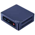 An overhead, angled shot of the dark blue Beelink Mini S12 mini PC against a plain grey background. The top surface features a textured, carbon fiber-like pattern. The front panel, visible on the right, shows two USB-A ports and a red power button. The "Beelink MINI S" logo is visible on the top right side.