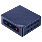 An overhead, angled shot of the dark blue Beelink Mini S12 mini PC against a plain grey background. The top surface features a textured, carbon fiber-like pattern. The front panel, visible on the right, shows two USB-A ports and a red power button. The "Beelink MINI S" logo is visible on the top right side.