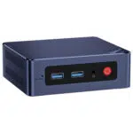 A front-facing, slightly angled view of the dark blue Beelink Mini S12 mini PC against a white background. The front panel features two blue USB-A ports, a 3.5mm audio jack, a small "CLR CMOS" pinhole, and a prominent red power button with an illuminated ring. The top of the mini PC has a textured, carbon fiber-like pattern.