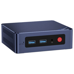 A front-facing, slightly angled view of the dark blue Beelink Mini S12 mini PC against a white background. The front panel features two blue USB-A ports, a 3.5mm audio jack, a small "CLR CMOS" pinhole, and a prominent red power button with an illuminated ring. The top of the mini PC has a textured, carbon fiber-like pattern.