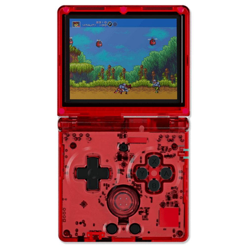 Front view of RG35XXSP in transparent red: A close-up of the RG35XXSP handheld gaming device in a transparent red shell, displaying a retro game on the screen. The D-pad, buttons, and internal circuit components are visible through the casing, giving it a stylish, see-through appearance.