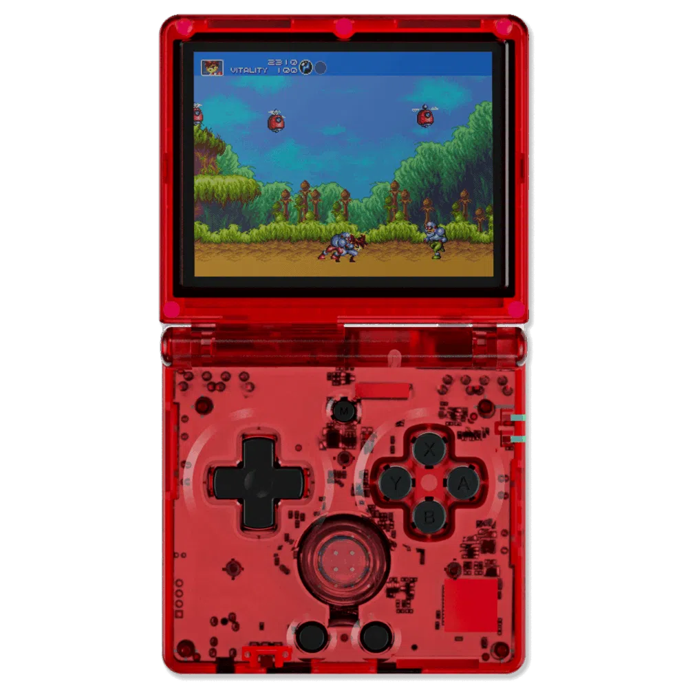 Front view of RG35XXSP in transparent red: A close-up of the RG35XXSP handheld gaming device in a transparent red shell, displaying a retro game on the screen. The D-pad, buttons, and internal circuit components are visible through the casing, giving it a stylish, see-through appearance.