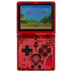 Front view of RG35XXSP in transparent red: A close-up of the RG35XXSP handheld gaming device in a transparent red shell, displaying a retro game on the screen. The D-pad, buttons, and internal circuit components are visible through the casing, giving it a stylish, see-through appearance.