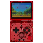 Front view of RG35XXSP in transparent red: A close-up of the RG35XXSP handheld gaming device in a transparent red shell, displaying a retro game on the screen. The D-pad, buttons, and internal circuit components are visible through the casing, giving it a stylish, see-through appearance.