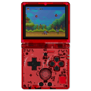 Front view of RG35XXSP in transparent red: A close-up of the RG35XXSP handheld gaming device in a transparent red shell, displaying a retro game on the screen. The D-pad, buttons, and internal circuit components are visible through the casing, giving it a stylish, see-through appearance.