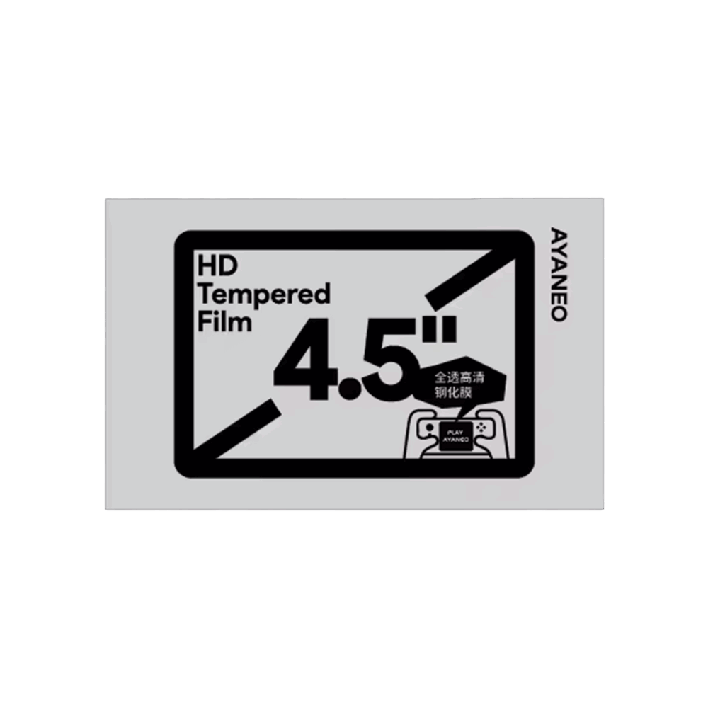 A gray rectangular package for a screen protector, centered against a plain white background. The front of the package features large black text "HD Tempered Film" on the left, and a prominent "4.5''" with a diagonal line extending from its top right. Below the "4.5''", there's smaller Chinese text "全透高清 钢化膜" (Full Transparent High Definition Tempered Film) and a white outline of a handheld gaming device with "PLAY AYANEO" on its screen. The right side of the package has "AYANEO" written vertically.
