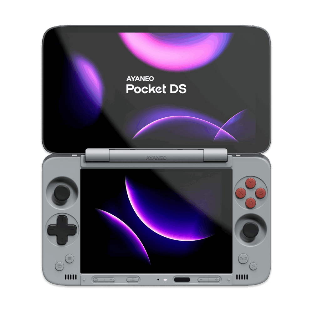 AYANEO Pocket DS dwuekranowy handheld do gier z systemem Android w obudowie typu clamshell, pokazujący górny i dolny ekran.