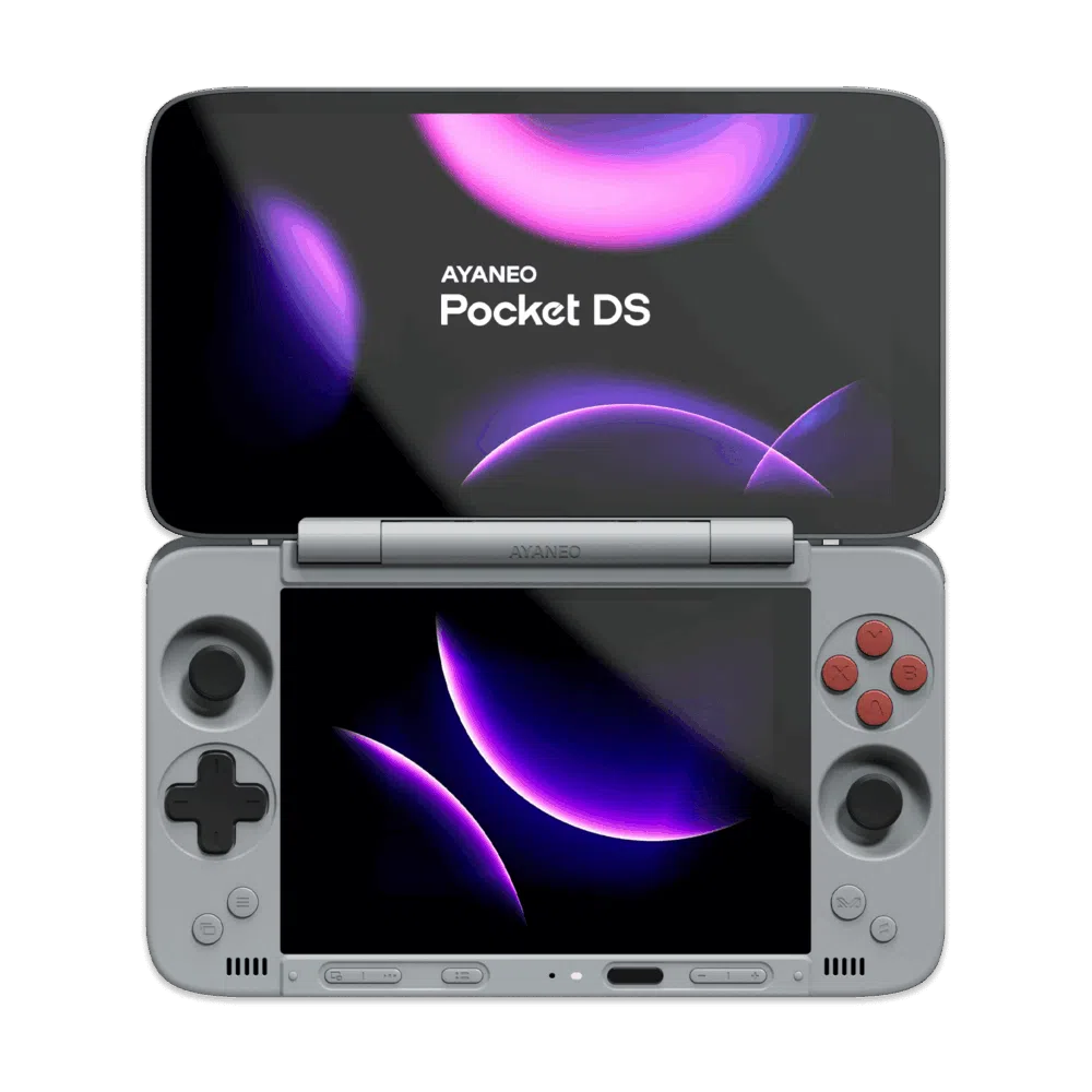 AYANEO Pocket DS dual-screen Android gaming handheld in a clamshell design, showing the top and bottom screens.