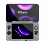 AYANEO Pocket DS dual-screen Android gaming handheld in a clamshell design, showing the top and bottom screens.
