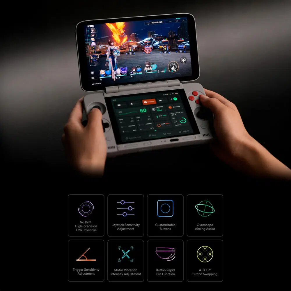 A comprehensive infographic detailing the key hardware specifications of the AYANEO Pocket DS handheld. It highlights features such as the 7-inch OLED main screen, 5-inch secondary screen, Snapdragon G3x Gen 2 processor, Hall-effect controls, 8000mAh fast-charging battery, PC-grade turbo fan cooling, and high-quality stereo speakers.
