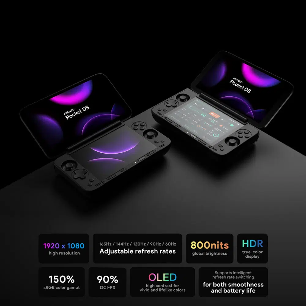 Egy marketingkép, amely két AYANEO Pocket DS kétképernyős kéziszámítógépet mutat, egy nyitottat és egy zártat, alatta egy infografikával, amely részletezi a nagy teljesítményű OLED kijelző specifikációit, mint például az 1080p felbontás, állítható 165 Hz-es frissítési frekvencia, 800 nits fényerő és HDR képességek.