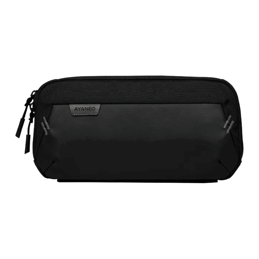 A horizontal, black carrying case for a handheld gaming device is shown against a plain grey background. The case has a textured top half and a smooth, matte bottom half. A small, dark grey patch with "AYANEO" in white text is stitched onto the front. The case has two zippers and two diagonal reflective stripes on either side of the front panel.