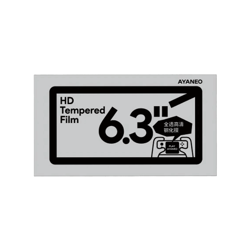 A grey rectangular package for a screen protector, centered against a plain light grey background. The front of the package features large black text "HD Tempered Film" on the left, and a prominent "6.3''" with a diagonal line extending from its top right. Below the "6.3''", there's a black bubble with smaller Chinese text "全透高清 钢化膜" (Full Transparent High Definition Tempered Film) and a white outline of a handheld gaming device with "PLAY AYANEO" on its screen. The right side of the package has "AYANEO" written vertically.