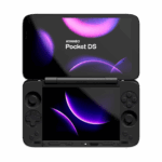 AYANEO Pocket DS dual-screen Android gaming handheld in a clamshell design, showing the top and bottom screens.